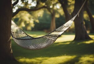 A hammock hangs loose between two trees, swaying gently in the breeze