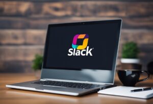 A laptop with the Slack logo on the screen, surrounded by office supplies and a cup of coffee